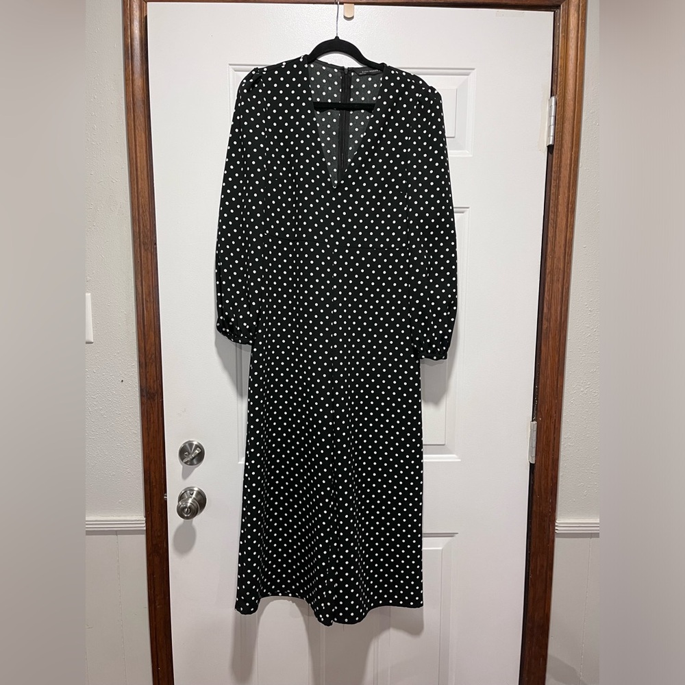 SOLD ZARA Black White Polka Dot Long sleeve Pant Jumpsuit Baggy leg Zip V neck